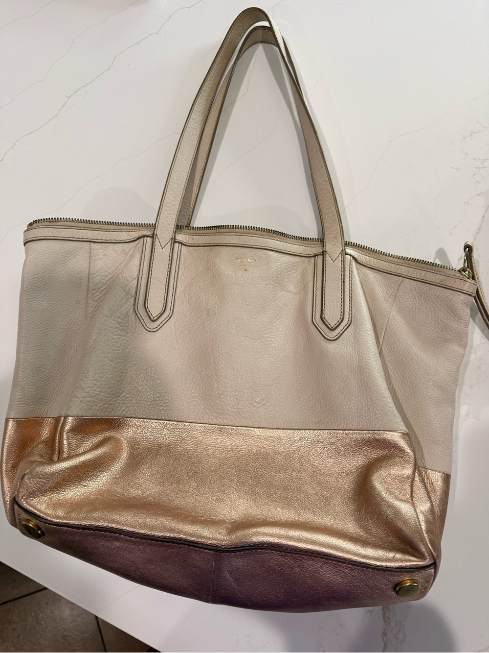Fossil Cream Tote with Metallic Gold and Plum Base